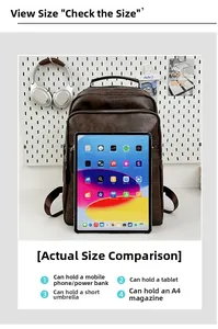 Dark brown leather backpack detail showing large capacity compared to a tablet