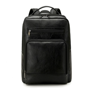 Classic black PU leather business backpack with minimalist design and multiple compartments