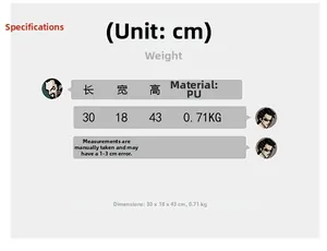 Detailed size specifications of the PU leather backpack showing 30x18x43cm and 0.71kg weight