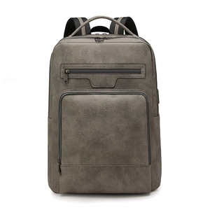Grey PU leather business backpack with multi-pocket design and ergonomic shoulder straps