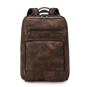 Classic vintage brown PU leather business backpack with multi-zipper compartments