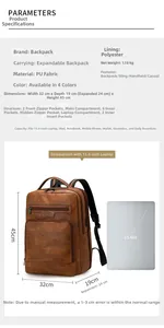 Brown PU leather travel backpack specifications showing 15.6 inch laptop compartment