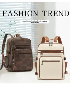 Detail view of the luggage strap on a vintage leather backpack for travel and business use