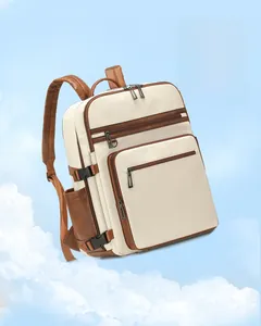 Detail view of large business backpack showing contrast colors and durable compartments
