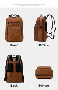 Multi-angle views of a brown PU leather business backpack with a USB charging port