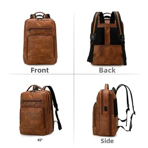 Brown vintage PU leather business backpack with multi-pocket design and USB port