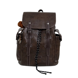 Retro dark brown PU leather travel backpack with drawstring flap and bear charm