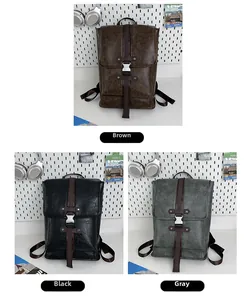 Detailed comparison of brown, black, and grey vintage PU leather backpacks with metal buckles