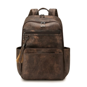 Vintage dark brown faux leather backpack for women with tassels and multi-pocket design