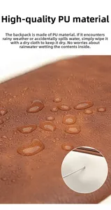 Detail showing waterproof PU leather material with water droplets and texture of the backpack