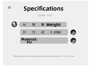 Detailed size chart for vintage travel backpack showing 31x13x42cm PU leather dimensions