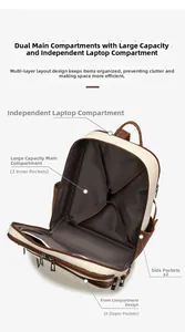 Detail view of laptop backpack features dual main compartments and organized pockets