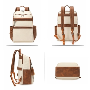 Detailed views of beige and brown patchwork backpack with tassel zipper pull from four angles