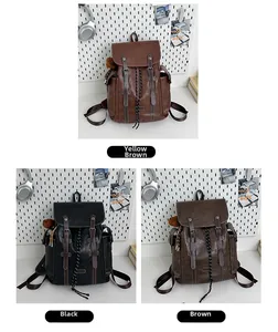 Detailed collage of vintage PU leather backpacks in yellow-brown, black, and brown colors