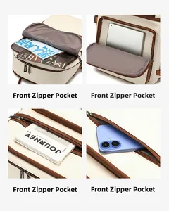 Detail showing front zipper pockets on ivory business backpack for high storage capacity