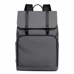 Minimalist dark grey business backpack with waterproof fabric and leather buckle straps