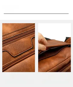 Detailed view of brown PU leather bag with lychee texture and smooth side zipper