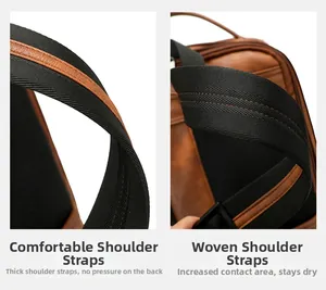 Detail of thickened padded shoulder straps with black weaving and brown leather trim