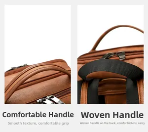 Detail of brown PU leather business backpack featuring ergonomic dual carrying handles