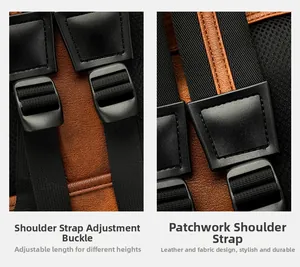 Detail view of adjustable shoulder strap with brown leather and black nylon fabric texture