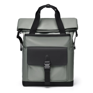 Men's large business backpack in grey and black waterproof fabric with buckle closure
