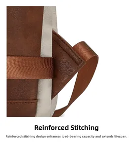 Detail of reinforced shoulder strap stitching and textured faux leather on backpack