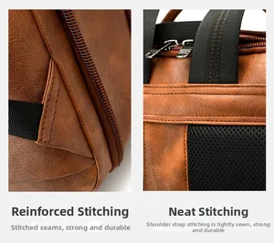 Detail of bartack reinforcement and neat stitching on brown PU leather business backpack