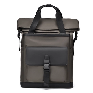 Men's large capacity roll-top business backpack in dark army green and black nylon
