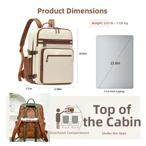 Detailed size guide of the bicolor laptop backpack showing 15.6 inch laptop compatibility