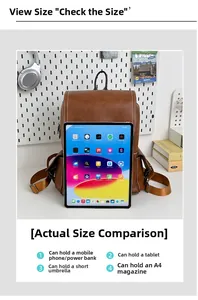 Brown vintage leather backpack size comparison with a tablet for daily travel