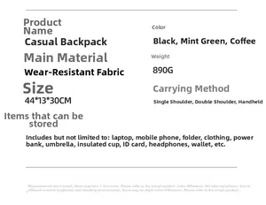 Detailed size chart and specifications for the waterproof 44x13x30cm business backpack