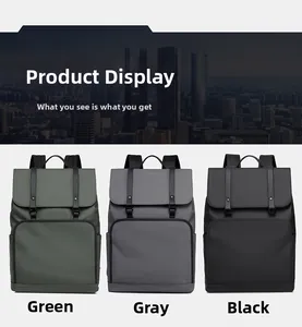 Three minimalist business backpacks shown in green, grey, and black water-resistant fabric