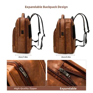 Detail view of the expandable zipper feature on this brown PU leather business backpack