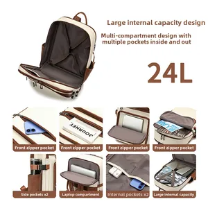 Detail view of the 24L travel backpack interior with laptop compartment and organizers