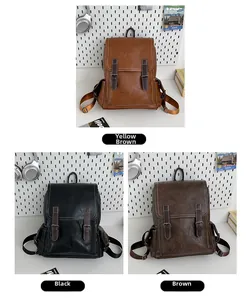 Three vintage PU leather backpacks in brown, black and yellow brown with buckled flaps