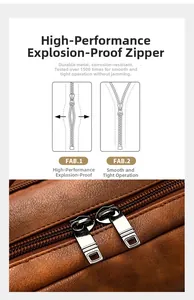 Detail of durable dual metal zippers on brown leather backpack with explosion-proof design