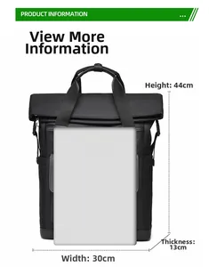 Detailed size chart of black business backpack showing 44cm height and laptop comparison