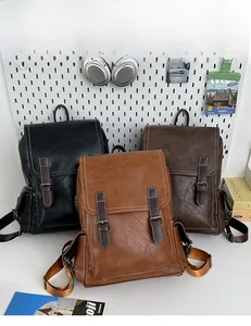 Detailed close-up of retro PU leather backpacks in black, dark brown, and caramel colors