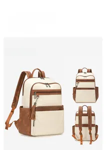 Detailed views of women's backpack in white and brown leather with zippers