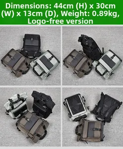 Detail view of large business backpack showing dimensions 44x30x13cm and waterproof fabric