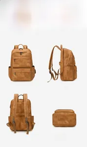 Vues détaillées du sac à dos homme en cuir mat abricot avec fermetures éclair multiples