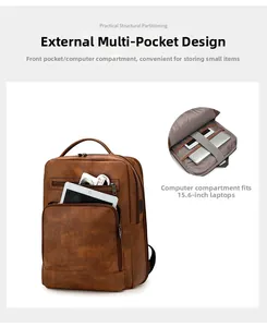 Detail of internal compartment of brown PU leather laptop backpack for 15.6 inch devices