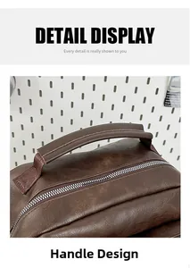 Close-up of wide leather handle and smooth metal zipper on vintage backpack