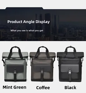 Waterproof business backpacks shown in mint green, coffee, and black with buckle closure