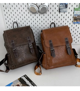 Macro detail of retro PU leather backpacks with dual buckle straps and textured finish