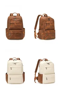 Vues de face et de profil du sac à dos en cuir marron avec plusieurs compartiments zippés