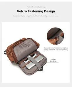 Internal laptop compartment and tablet sleeve with grey velcro strap in brown PU backpack