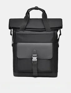 Front detail of black business backpack with buckle closure and high-density nylon fabric