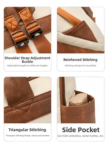 Detail of adjustable straps, reinforced stitching, and side pockets on a women's backpack