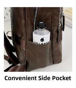Detail view of the brown vintage backpack side pocket holding a water bottle